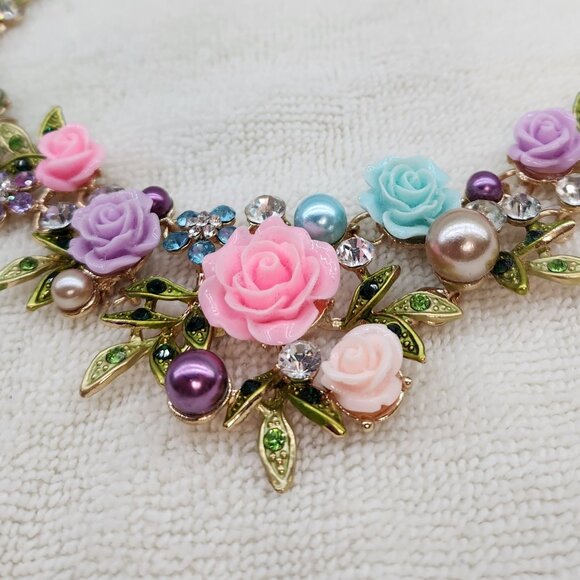 New Low Price* Roses & Rhinestones Floral Necklace - Picture 3 of 6